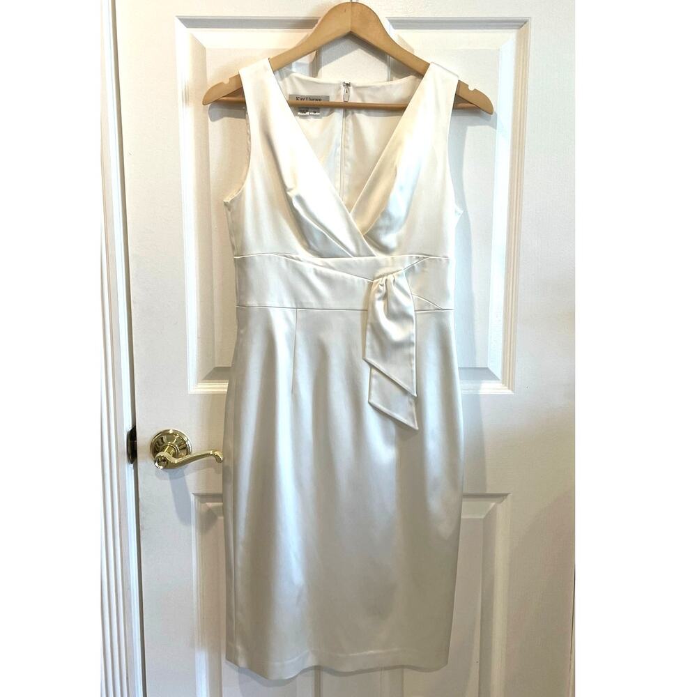 Kay Unger New York White Satin Faux Wrap Sheath Cocktail Dress Size 8